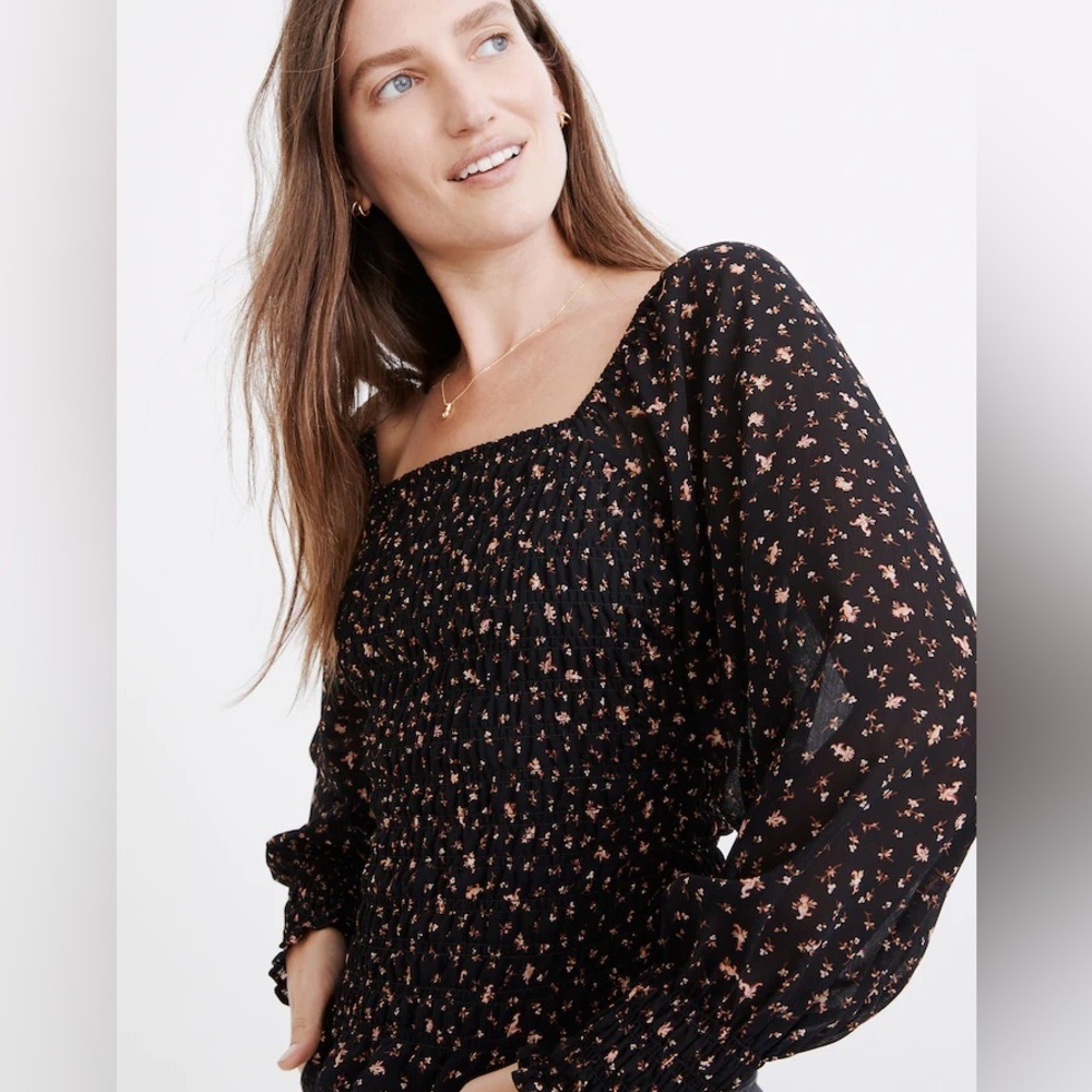 Madewell Black Floral Smocked Square Neck Bubble Sleeve Top S